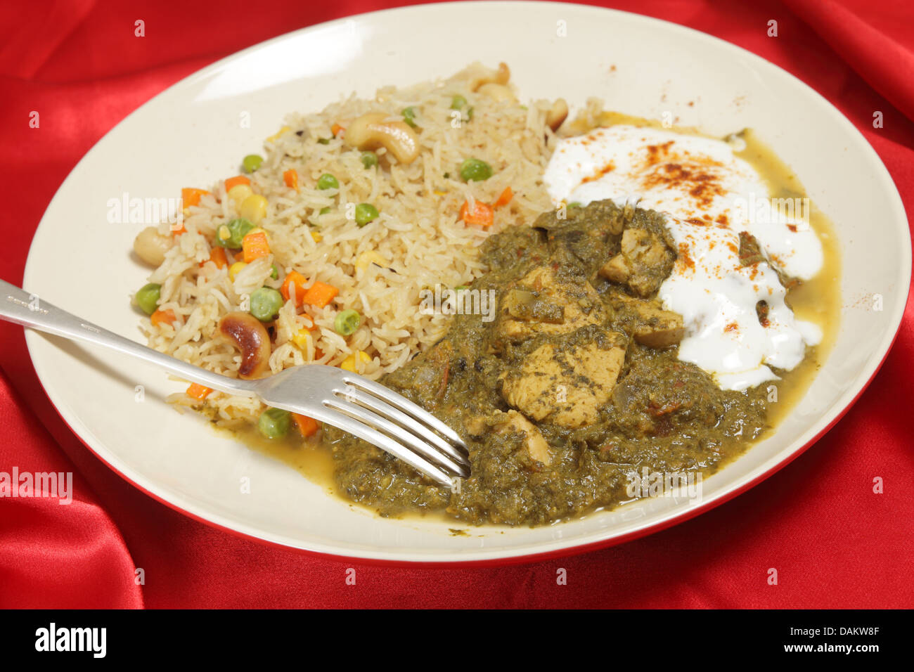 Chicken saag (spinach) curry with yoghurt and vegetable rice Stock