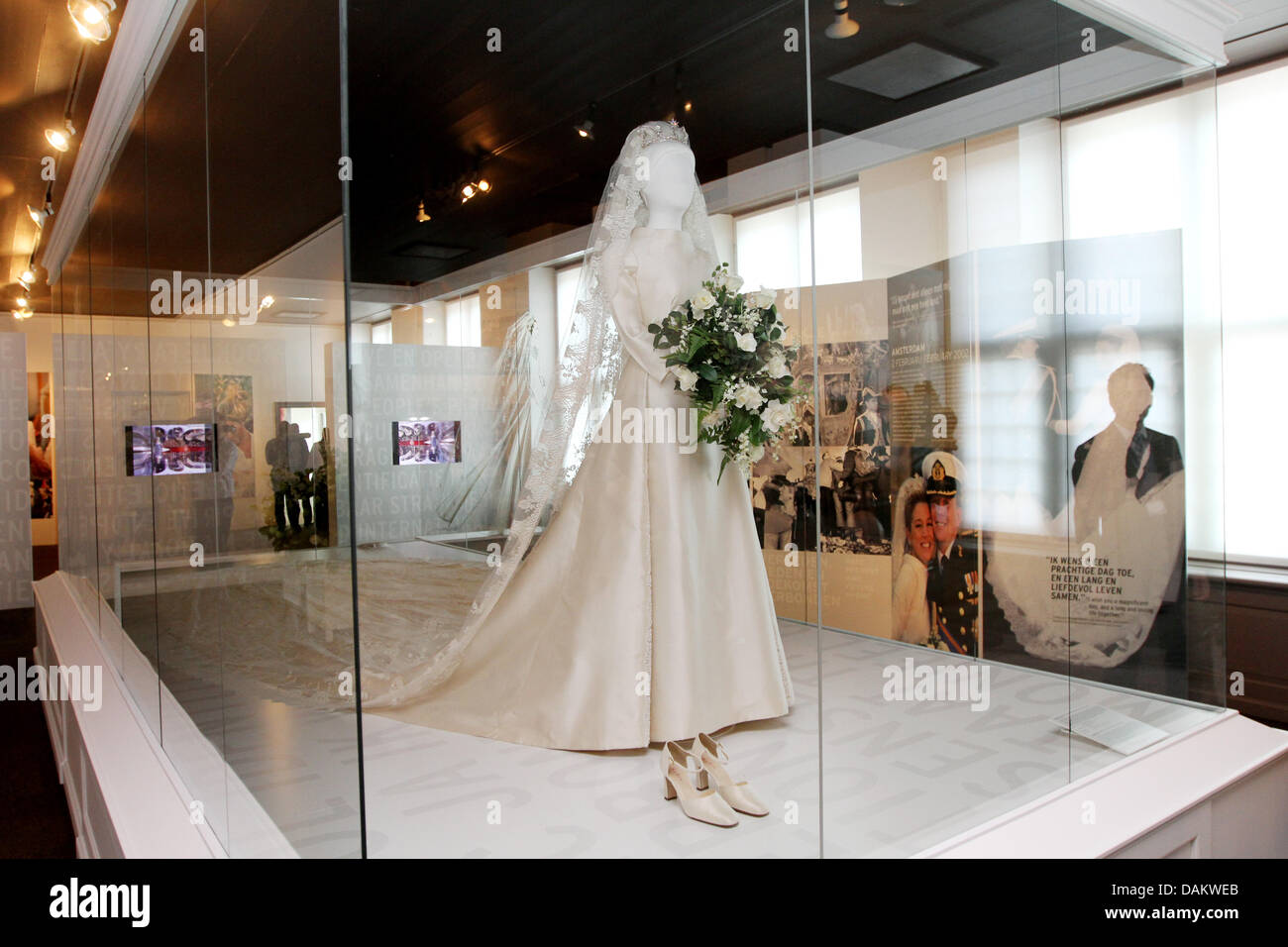 The wedding dress of Princess Maxima that she has worn at 2 february 2002  at the exhibition ''Maxima, 10 years in The Netherlands'' at Palace het Loo  in Apeldoorn, The Netherlands, 7
