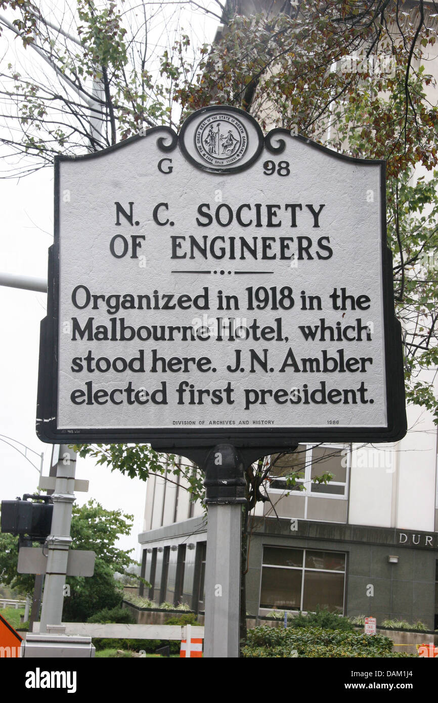 N.C. SOCIETY OF ENGINEERS Organized in 1918 in the Malbourne Hotel, which stood here. J. N. Ambler elected first president. Division of Archives and History, 1986 Stock Photo