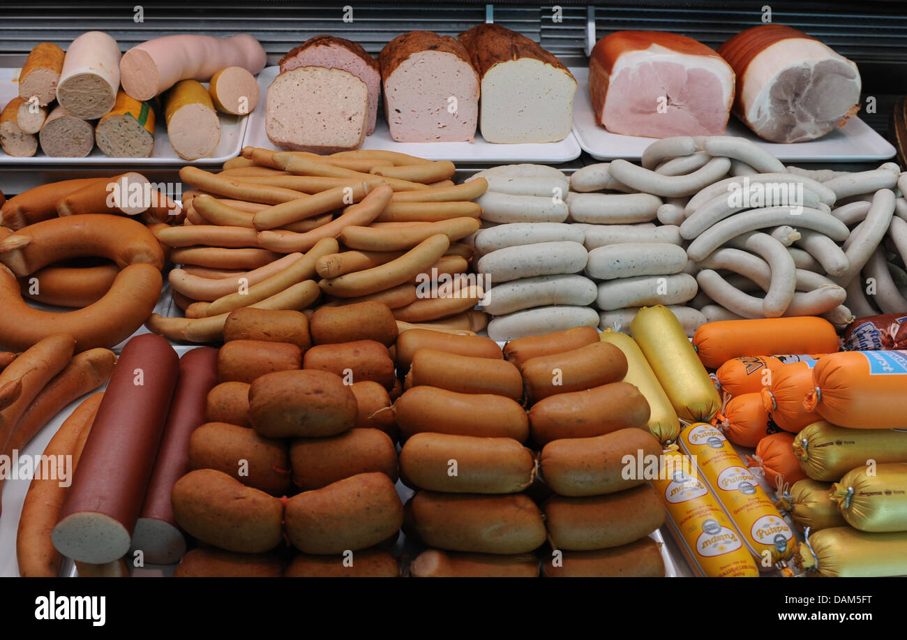 Veal, wiener, liver loaf, pork and other assortments of sausage lie in