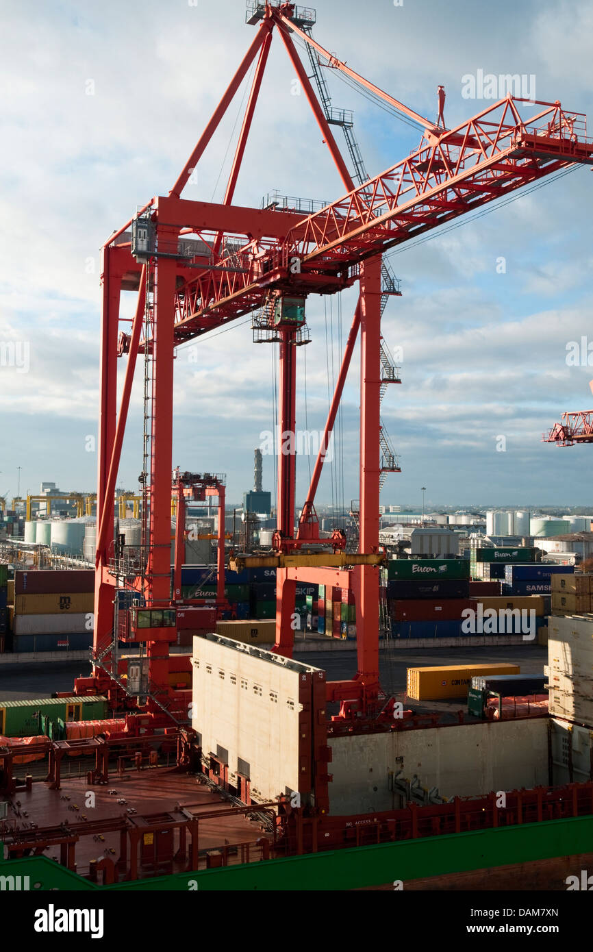 Red painted container crane in Dublin Port, Republic of Ireland Stock Photo