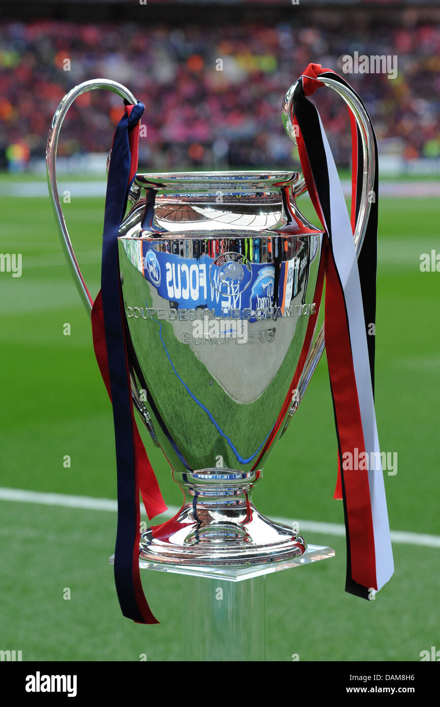 The UEFA Champions League trophy is displayed in the stadium before the UEFA  Champions League final