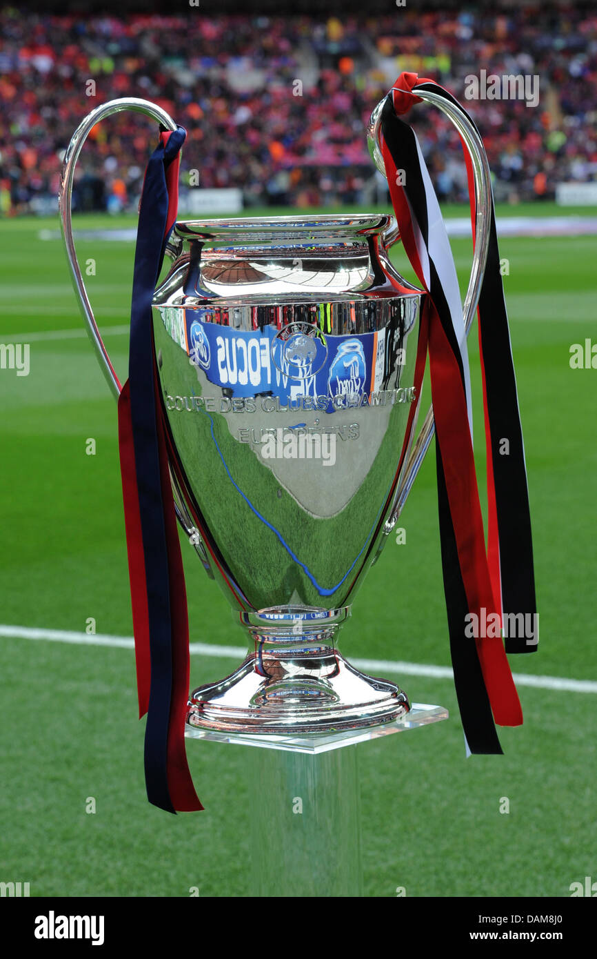 The UEFA Champions League trophy is displayed in the stadium before the UEFA  Champions League final
