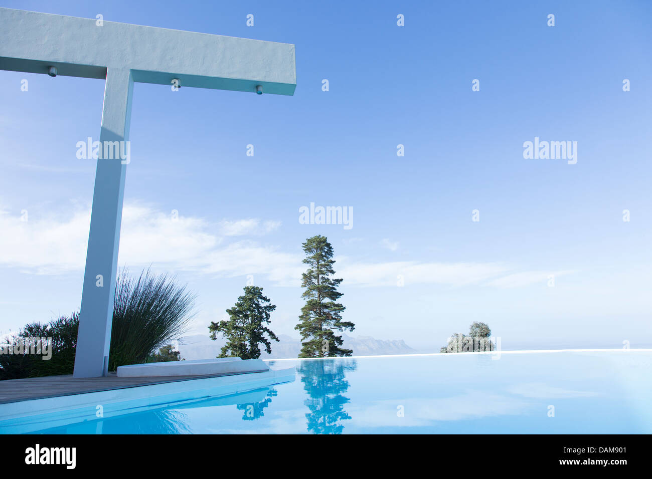 Trees and shower overlooking infinity pool Stock Photo