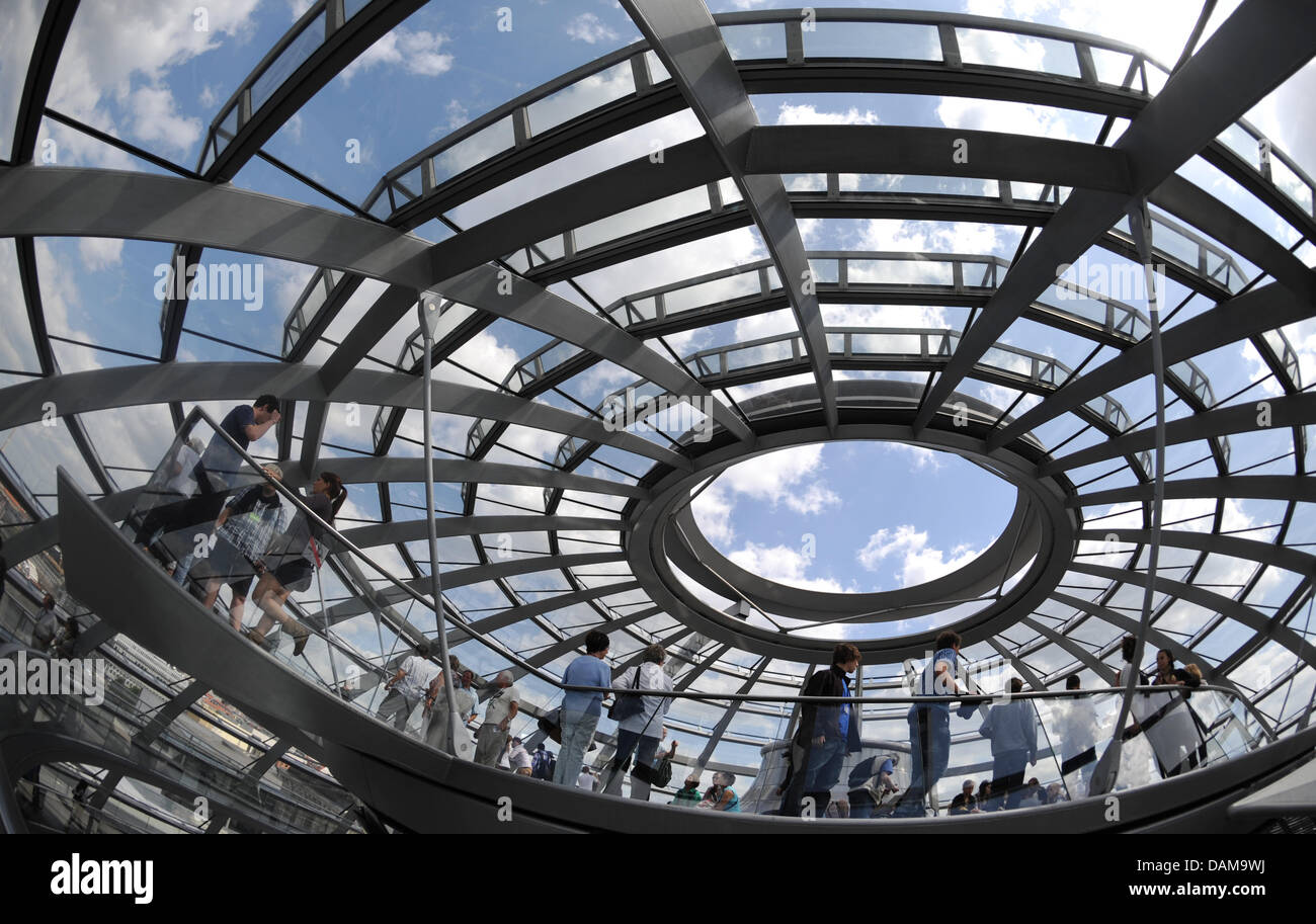 Visitors enjoy the view inside the cupola of the Reichstag in Berlin
