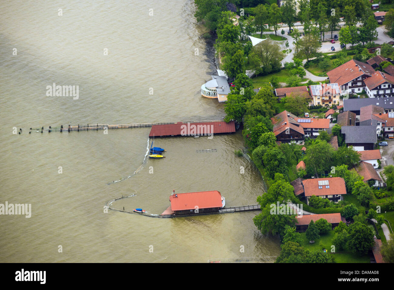 boat houses in Chieming at lake Chiemsee flooded in June 2013, Germany, Bavaria, Lake Chiemsee, Chieming Stock Photo