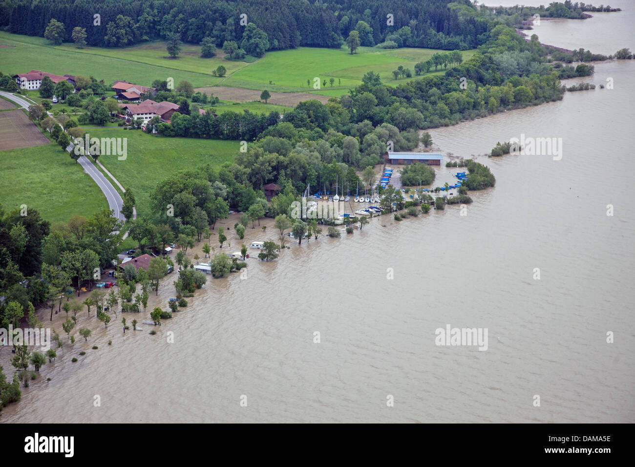 campsite Chieming at lake Chiemsee during the flood of June 2013, Germany, Bavaria, Lake Chiemsee Stock Photo