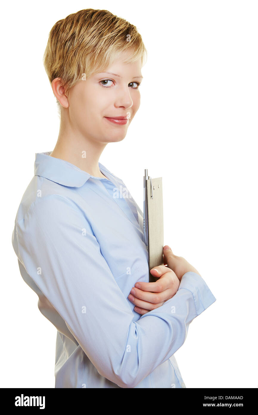 Young attractive woman holding clipboard in her hands Stock Photo Alamy