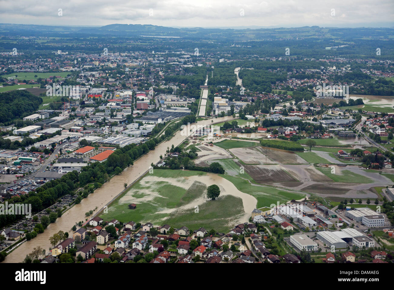 Kolbermoor at river Mangfall flooded in June 2013, Germany, Bavaria, Rosenheim, Kolbermoor Stock Photo