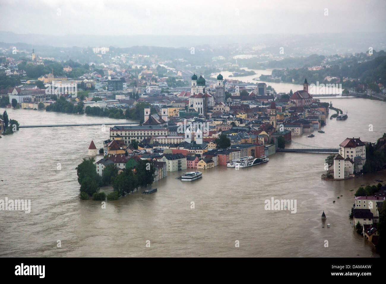 confluence of rivers Inn, Danube and Ilz in Passau flooded in June 2013, Germany, Bavaria, Passau Stock Photo