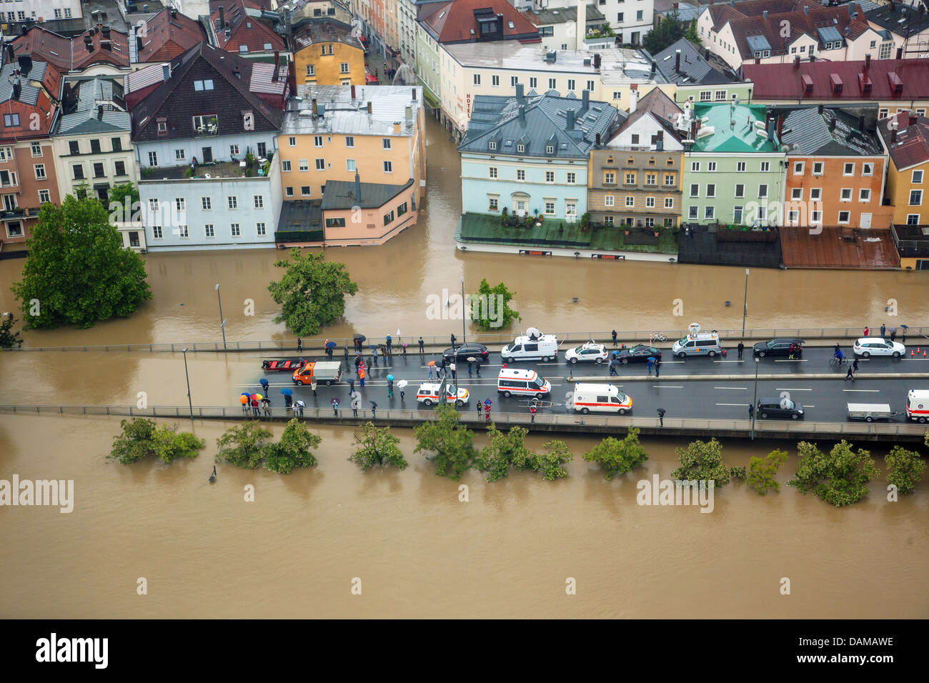 street Regensburger Strasse in the old city flooded in June 2013, Germany, Bavaria, Passau Stock Photo