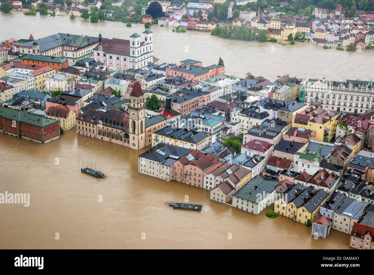old city with townhall flooded in June 2013, Germany, Bavaria, Passau Stock Photo