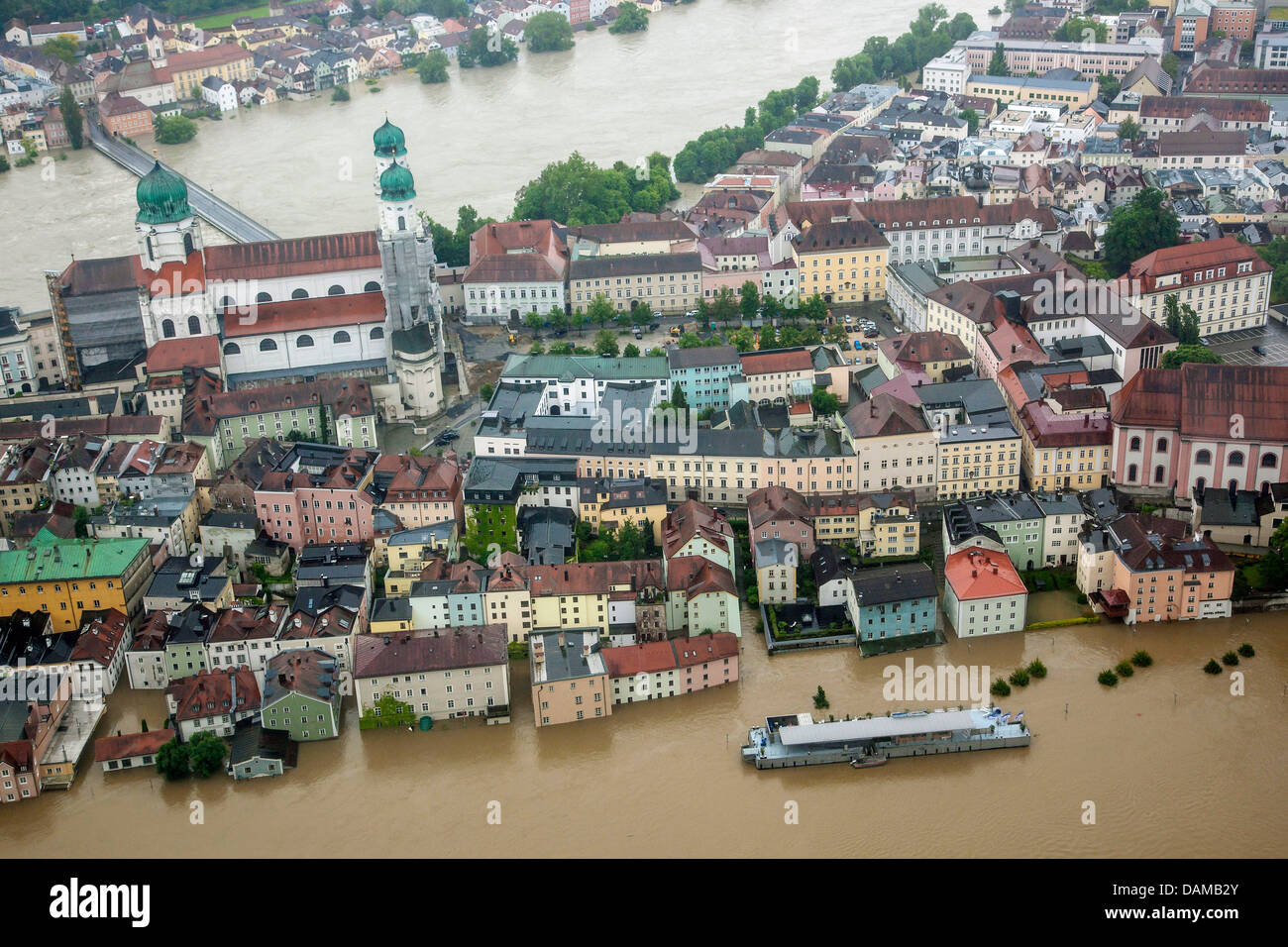old city with Fritz-Schaeffler-Promenade flooded in June 2013, Germany, Bavaria, Passau Stock Photo