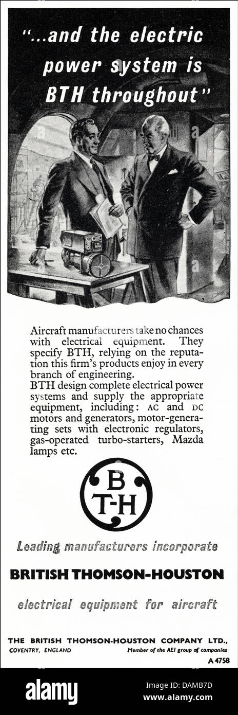 Advert for British Thomson-Houston of Coventry England UK manufacturers of electrical equipment suppliers to the aircraft industry advertisement in trade magazine circa 1955 Stock Photo