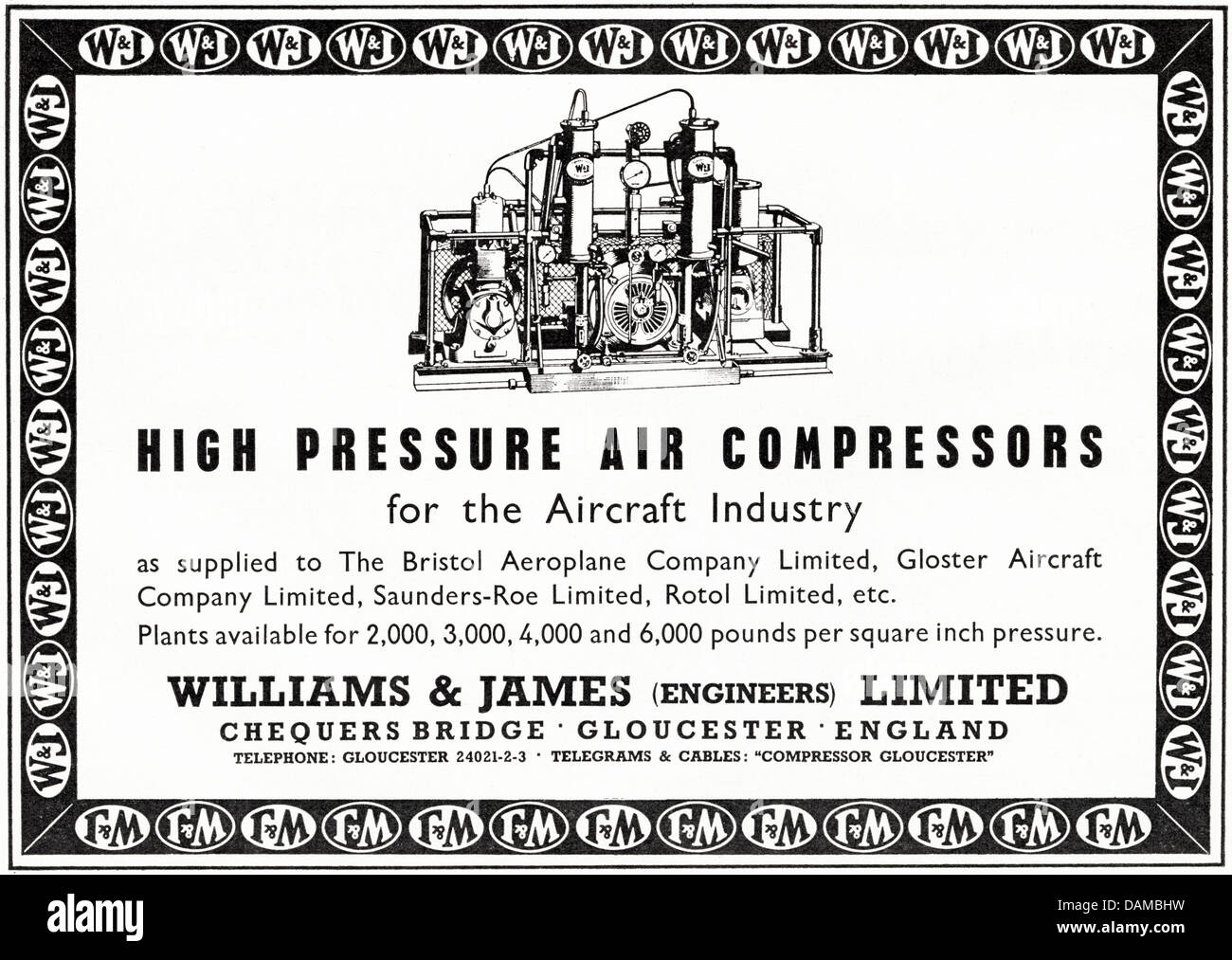 Advert for Williams & James Ltd of Gloucester England UK high pressure air compressors suppliers to the aircraft industry advertisement in trade magazine circa 1955 Stock Photo