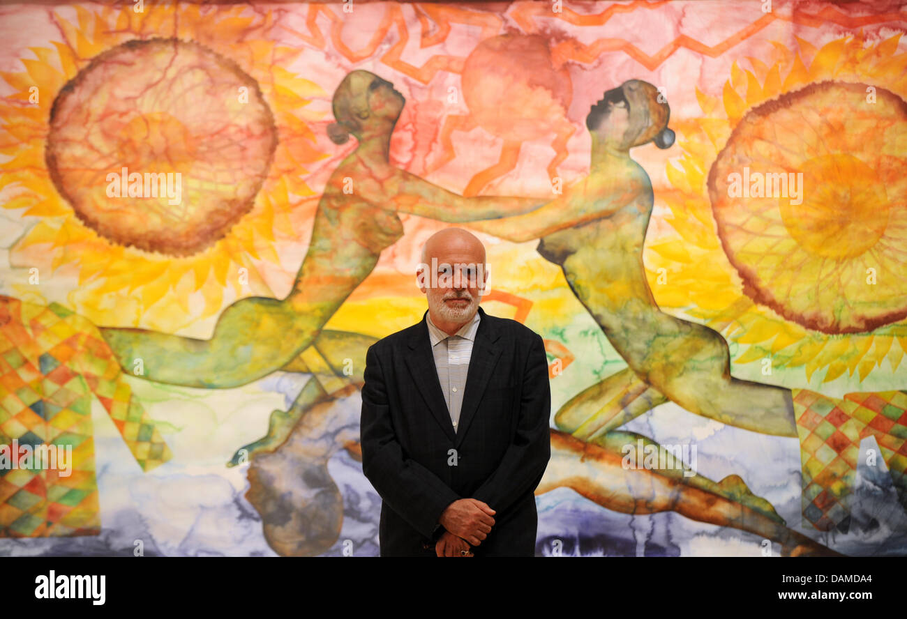 At the preview of the exhibiton 'Francesco Clemente. Palimpsest' the Italian painter Francesco Clemente, who is living in New York, stands in front of a part of his watercolour 'A history of the heart in three rainbows (III)' (2009) inside the Art hall Schirn in Frankfurt/main, Germany, 7 June 2011.  The Schirn presents around 40 pieces from the years 1978 to 2011 from 8 June to 4  Stock Photo