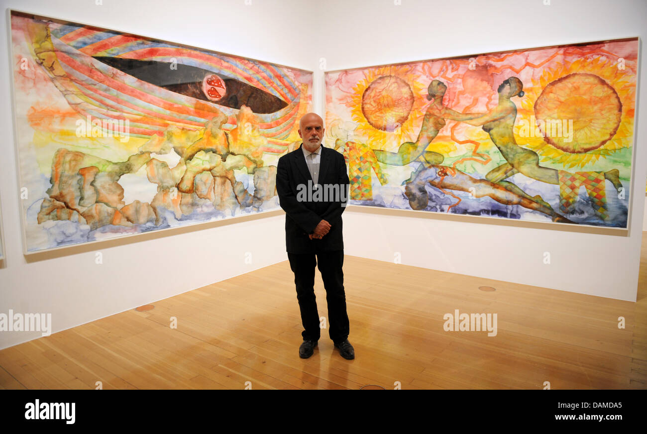 At the preview of the exhibiton 'Francesco Clemente. Palimpsest' the Italian painter Francesco Clemente, who is living in New York, stands in front of a part of his watercolour 'A history of the heart in three rainbows (III)' (2009) inside the Art hall Schirn in Frankfurt/main, Germany, 7 June 2011.  The Schirn presents around 40 pieces from the years 1978 to 2011 from 8 June to 4  Stock Photo