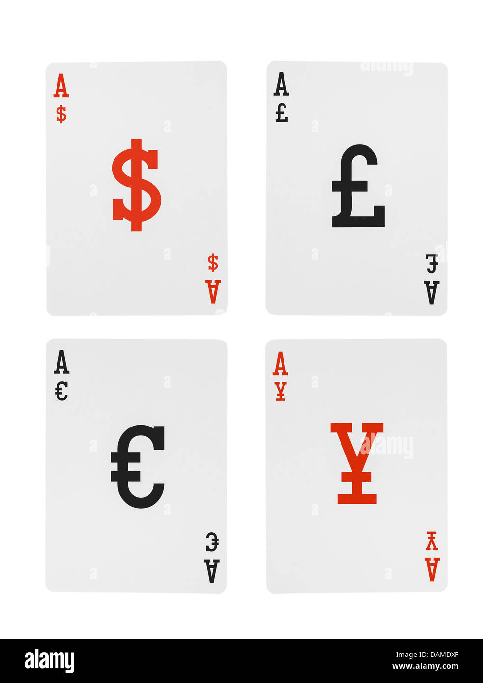Foreign Exchange Playing Cards Aces  Dollar Euro Pound Yen Symbols Stock Photo