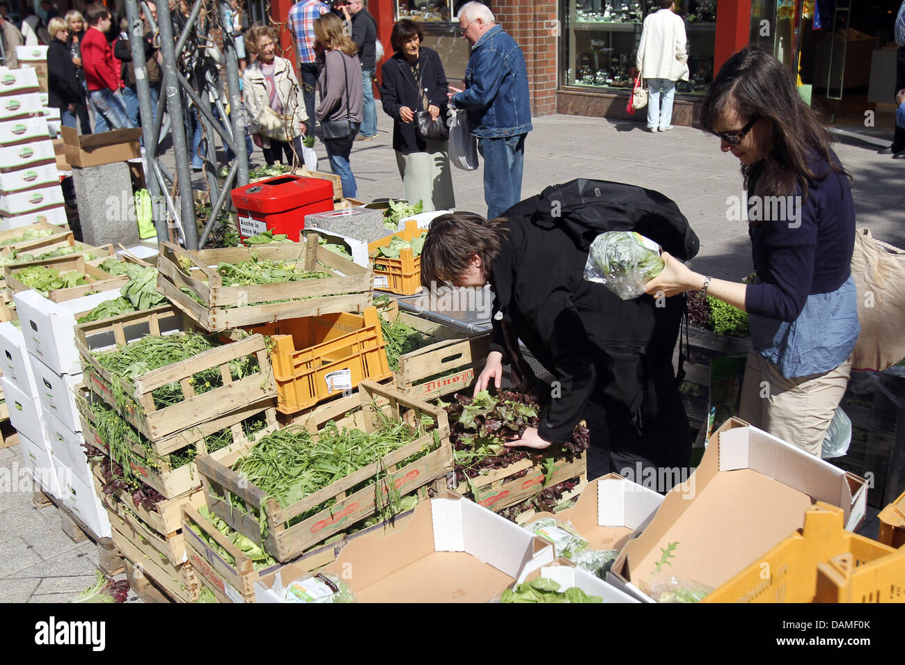People take vegetables from boxes in the street as famers give away vegetables as presents in the city centre of Hamburg, Germany, 10 June 2011. With the motto 'Our vegetables are clean and harmless' the farmers and salespeople wish to point to the devastating situation they are in, since the EHEC bacteria has spread. Current warnings regarding the consumption of raw tomatoes, cucu Stock Photo