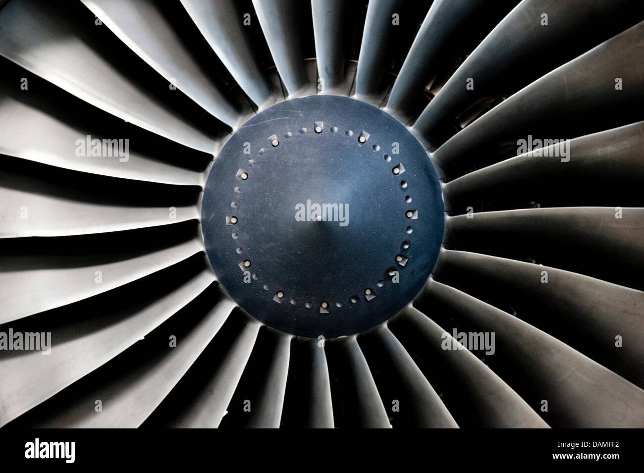The blades of a jet engine are on display at a manufacturing plant for ...