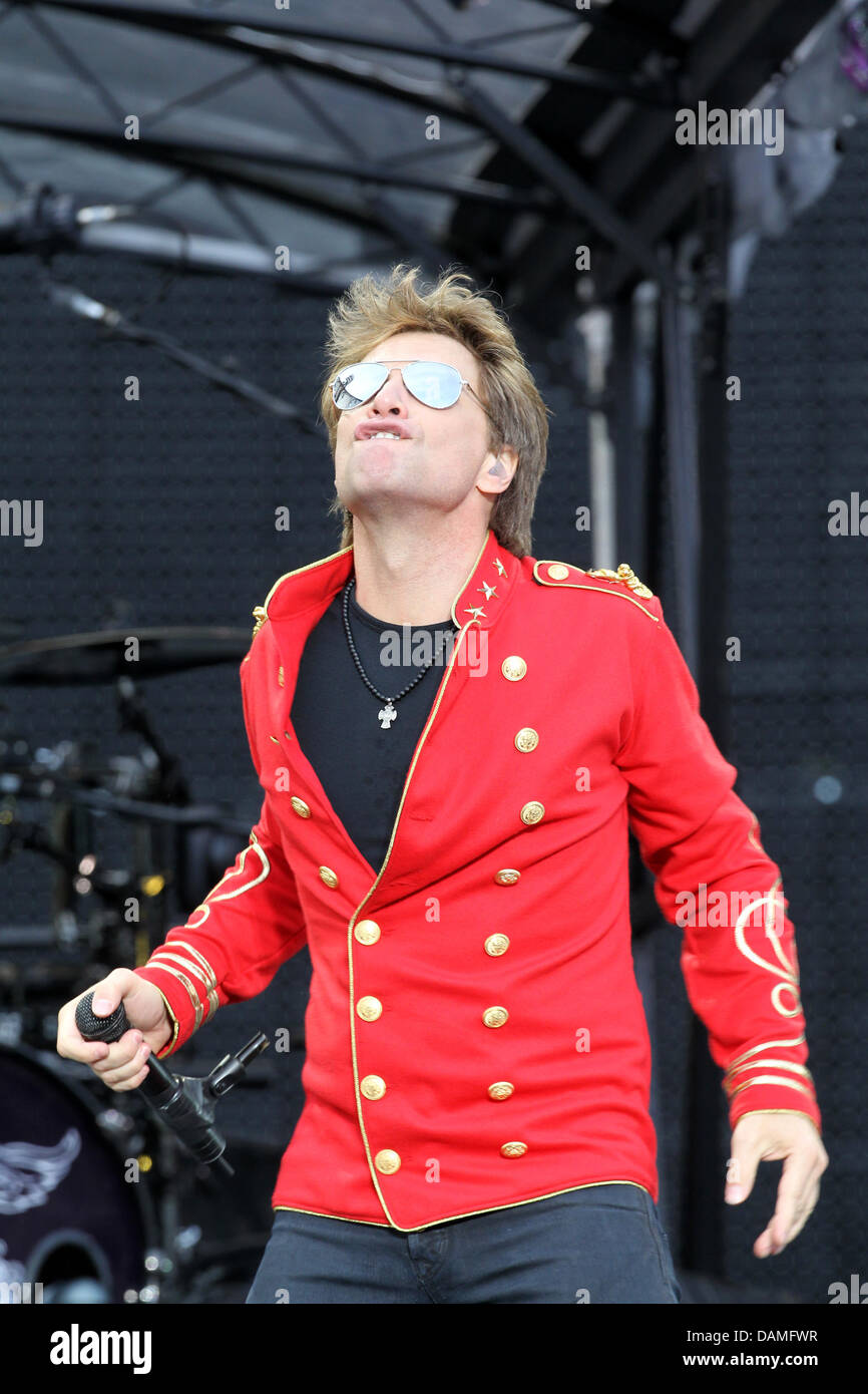 US band Bon Jovi with lead singer Jon Bon Jovi performs at the Olympic Stadium in Munich, Germany, 12 June 2011. The concert can be seen all over the world through live streaming. Photo: Felix Hoerhager Stock Photo