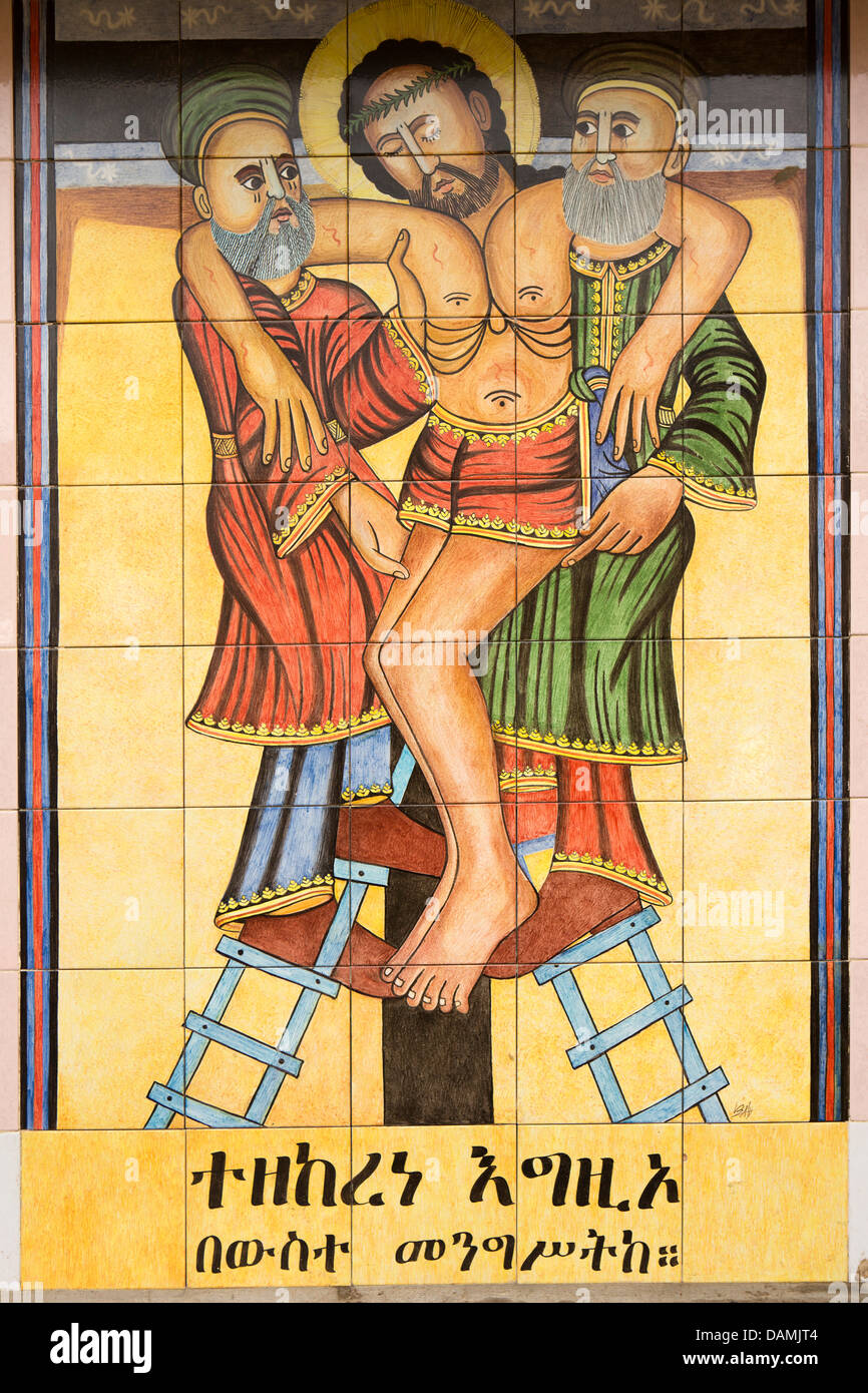Africa, Eritrea, Massawa, Tualud Island, religious art, crucifixion painted mural on catholic church wall Stock Photo