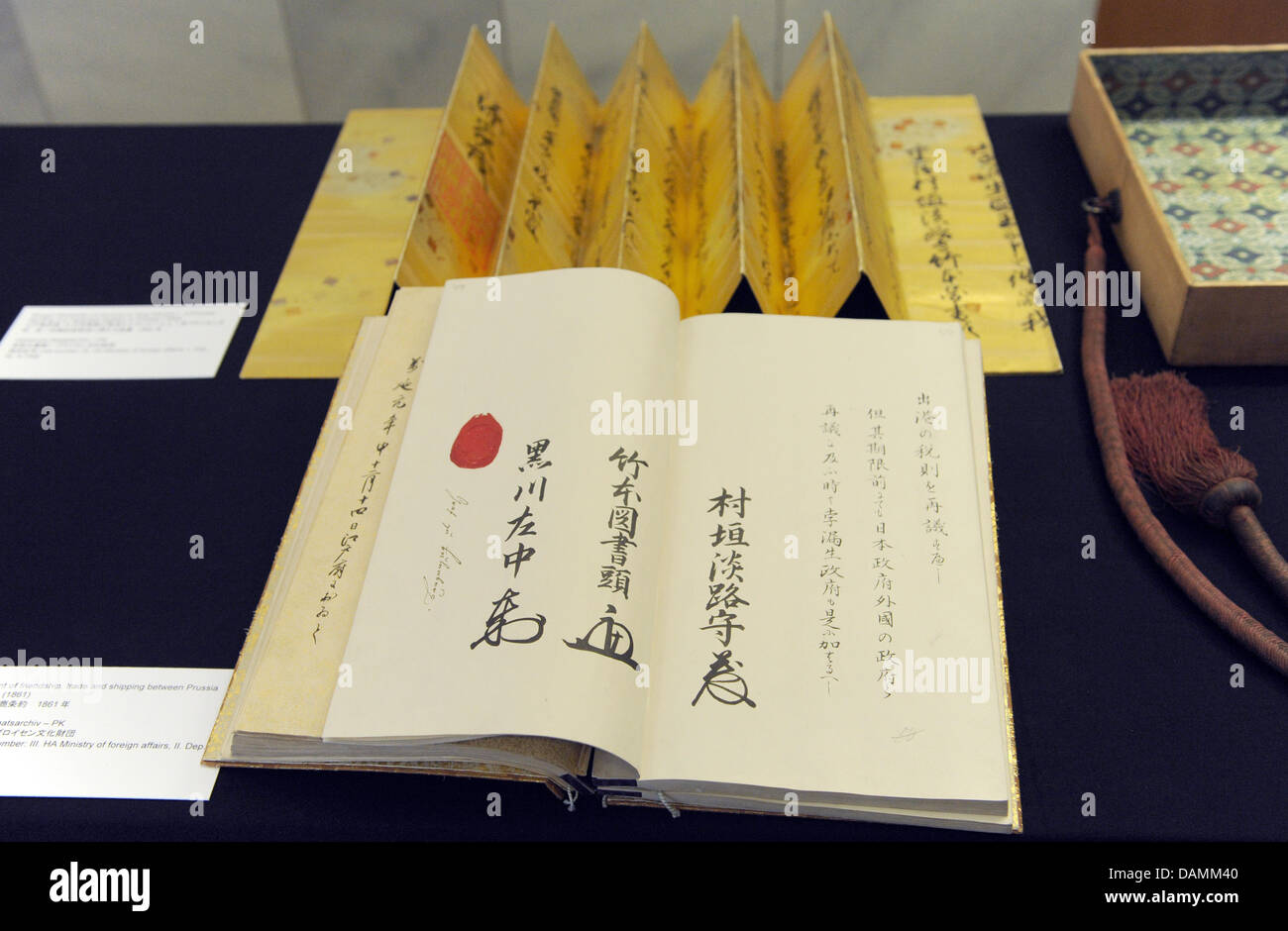 The treaty of friendship, trade and maritime transport between Prussia and Japan from 1861 is pictured at the Staatsbibliothek library in Berlin, Germany, 22 June 2011. The Japanese Prince Naruhito stays in Berlin for a three-day-visit. Photo: Rainer Jensen Stock Photo