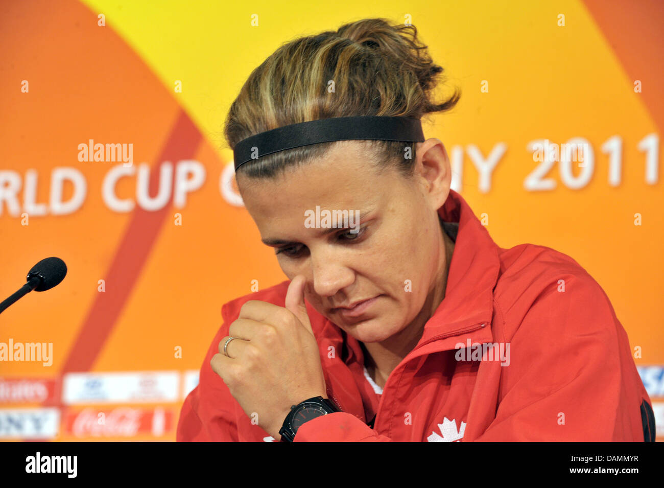 Canadian national soccer player Christine Sinclair is pictured at a press conference initiated as part of a new image-campagne for women's soccer at the media centre of the Olympic Stadium in Berlin, Germany, 24 June 2011. Players of the German and Canadian national team support the media initiative. Photo: Carmen Jaspersen Stock Photo