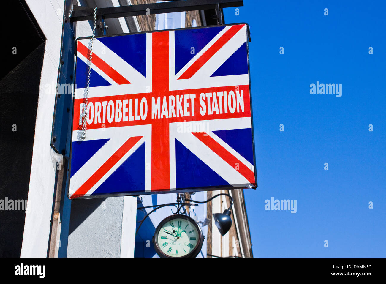 Portobello market station sign above shop on Pembridge road, London