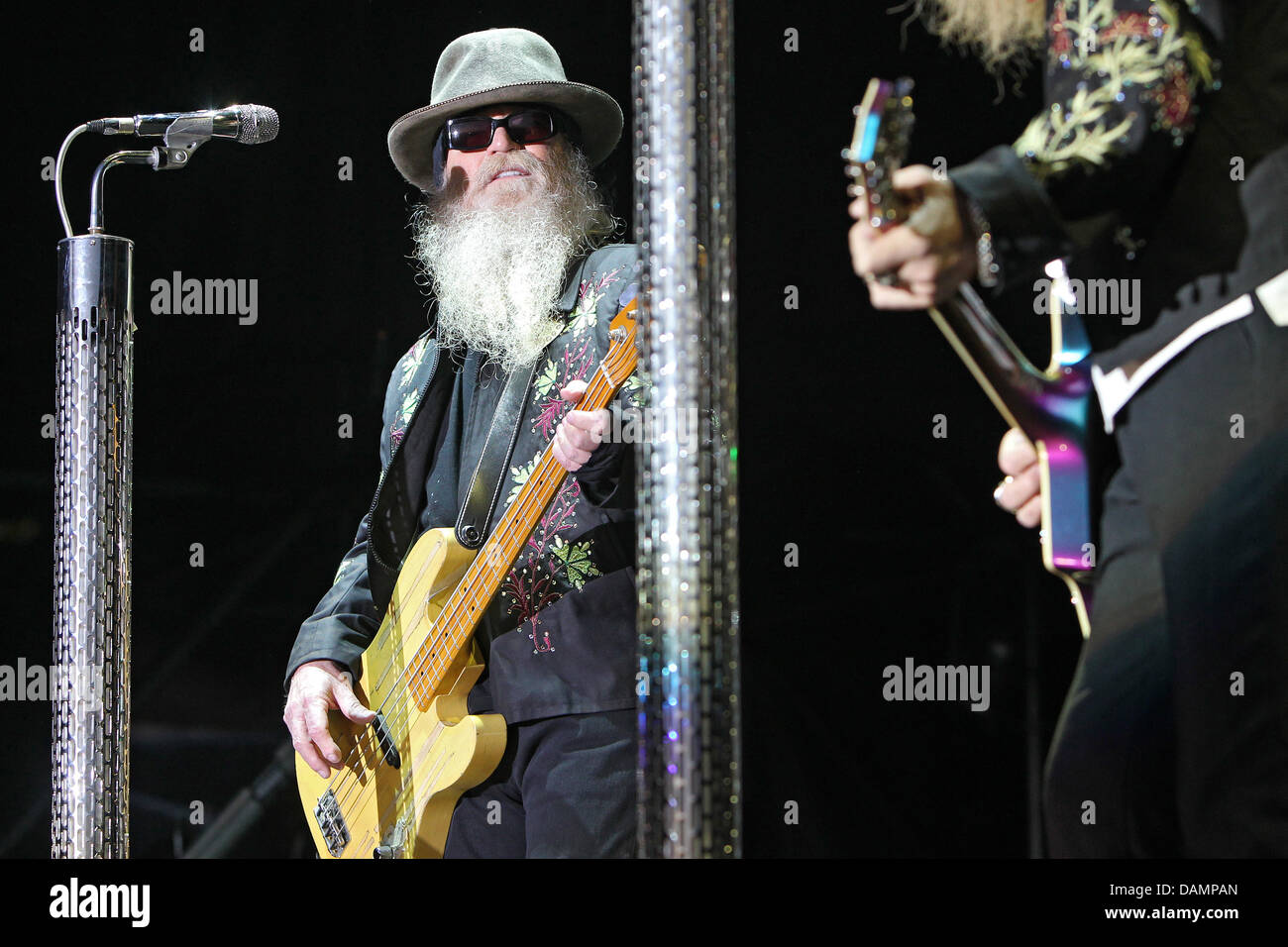 Bassist of the US American band ZZ Top, Dusty Hill, performs at