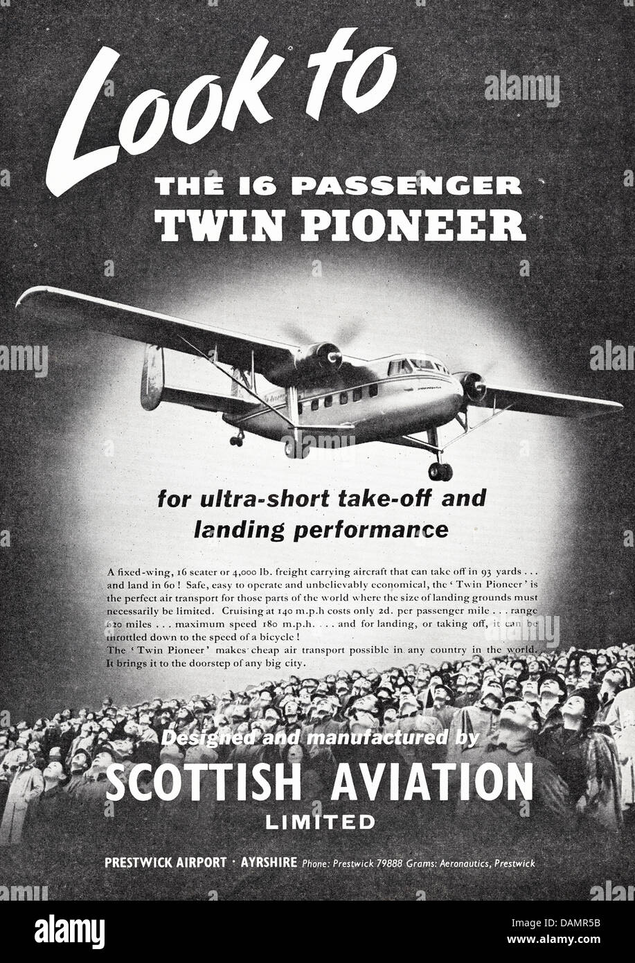 Advert for the 16 passenger Twin Pioneer aircraft built by Scottish Aviation Ltd Prestwick Airport Ayrshire Scotland UK advertisement in trade magazine circa 1955 Stock Photo