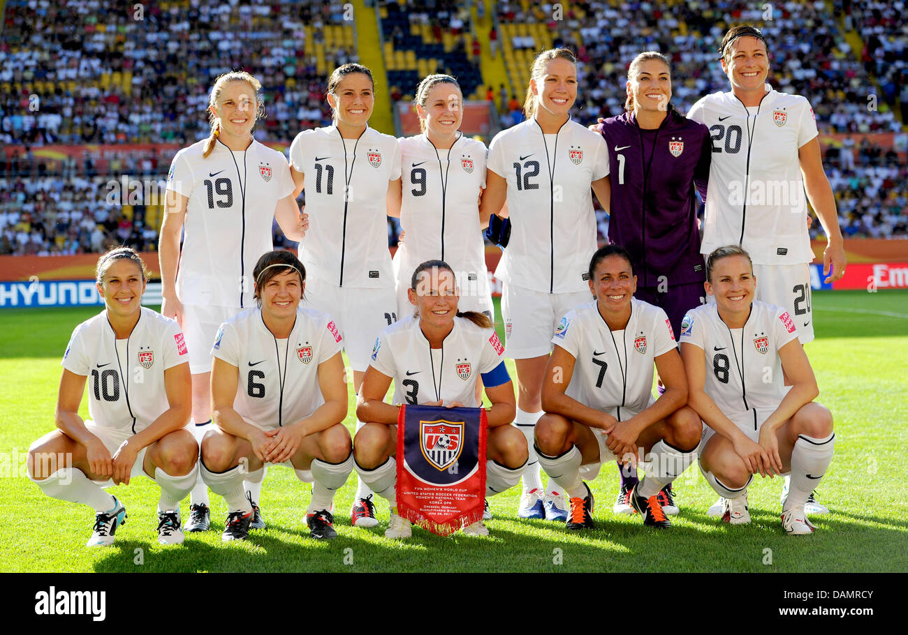 The starting line-up of USA (back L-R) Rachel Buehler , Ali Krieger , Heather O'Reilly , Lauren Cheney , Hope Solo , Abby Wambach  ; (front L-R) Carli Lloyd , Amy LePeilbet , Christie Rampone , Shannon Boxx , Amy Rodriguez  prior to the Group C match USA against North Korea of FIFA Women's World Cup soccer tournament at the Rudolf Harbig Stadium in Dresden, Germany, 28 June 2011. F Stock Photo