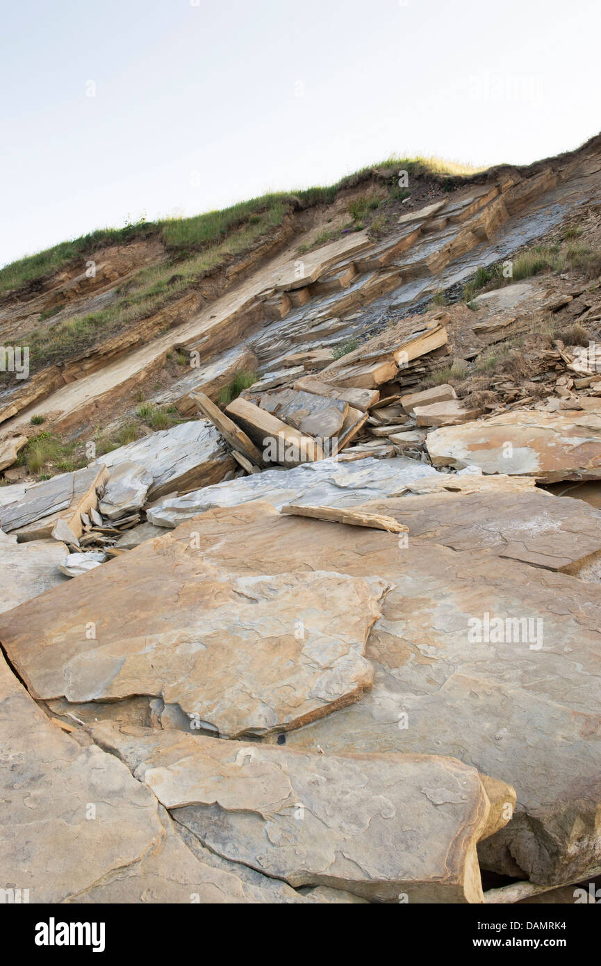 Sandstone rock cliff erosion. Northumberland Coastline, England Stock Photo