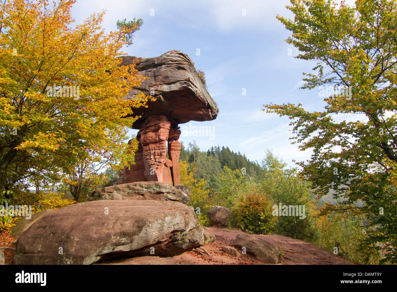 Hinterweidenthaler Teufelstisch, a 14 m high mushroom rock, Germany, Rhineland-Palatinate, Wasgau Stock Photo