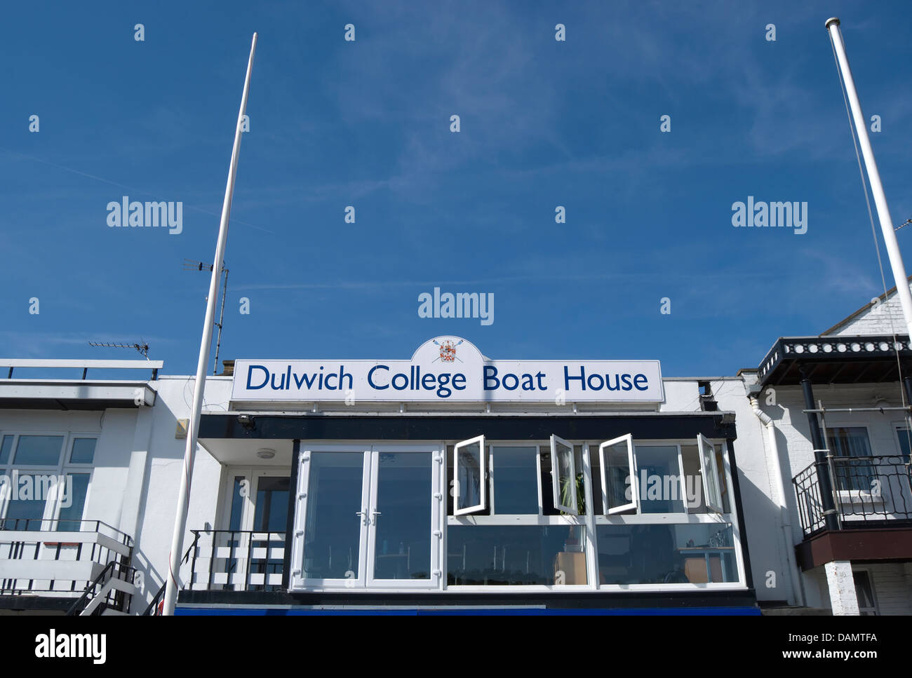 frontage of dulwich college boat house, on the river thames at putney, southwest london, england Stock Photo