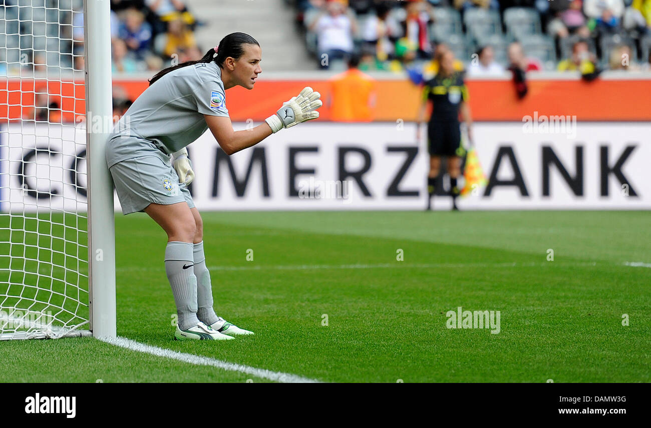 Goalkeeper Andreia of Brazil moves the wall during the Group D match