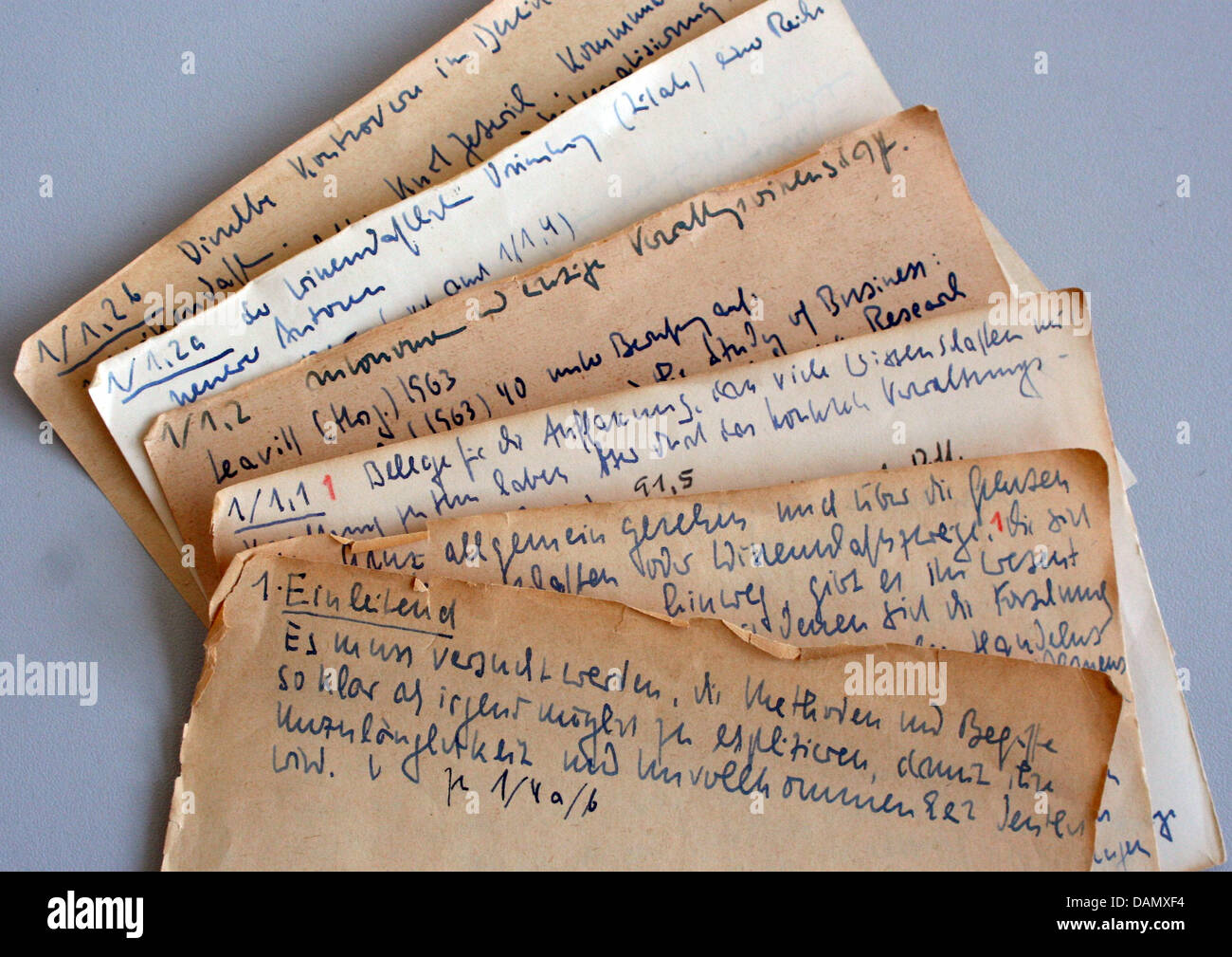 Notes from Niklas Luhmann's slip box lay in Bielefeld, Germany, 29 June  2011. Until recently, Luhmann's legendary slip box was off-limits for  scientists and scholars. 13 years after the death of the