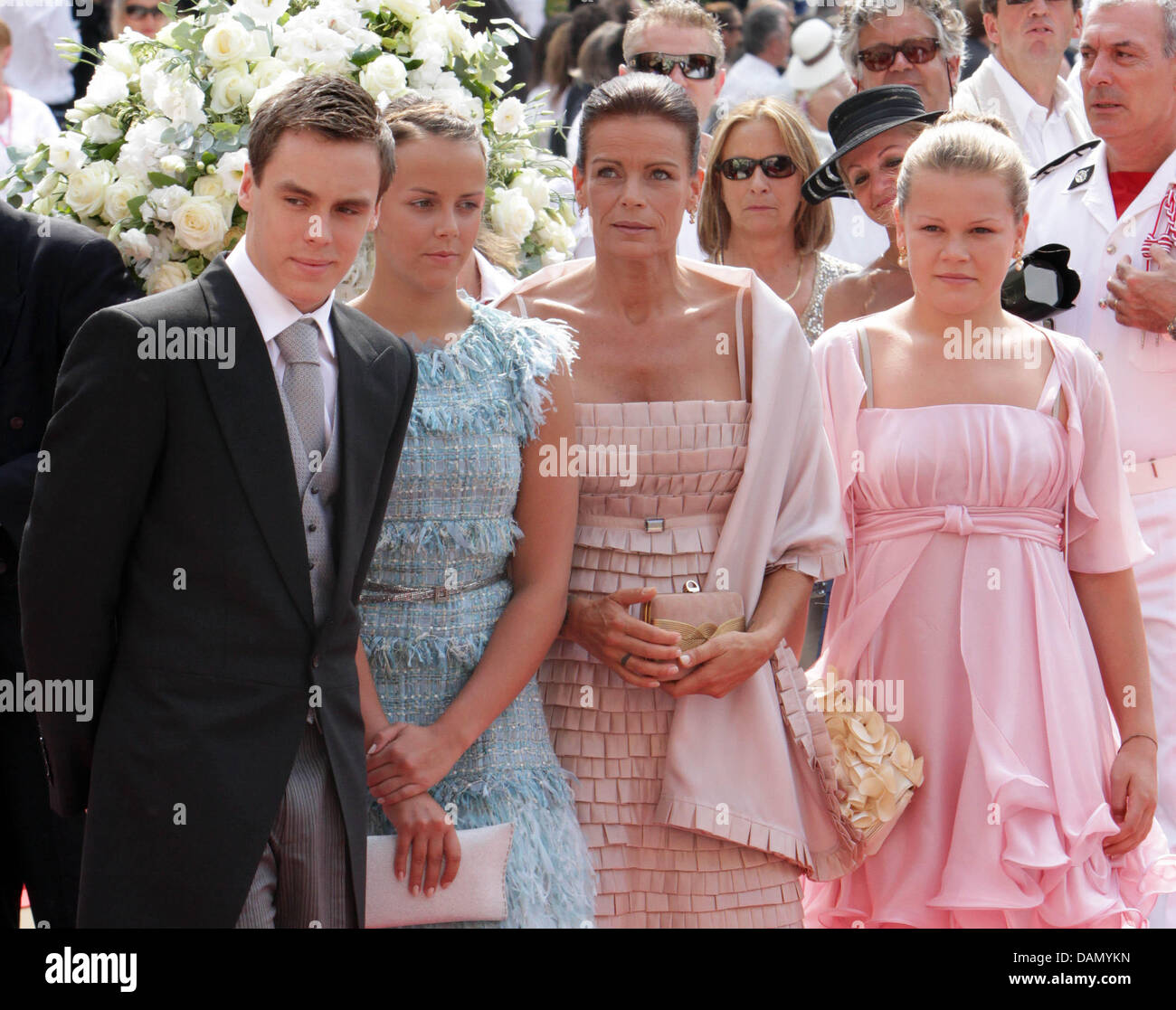 Princess Stephanie of Monaco with her children Louis, Pauline and Camille arrive for the religious wedding of Prince Albert II and Charlene Wittstock in the Prince's Palace in Monaco, 02 July 2011. Some 3500 guests are expected to follow the ceremony in the Main Courtyard of the Palace. Photo: Albert Nieboer Stock Photo