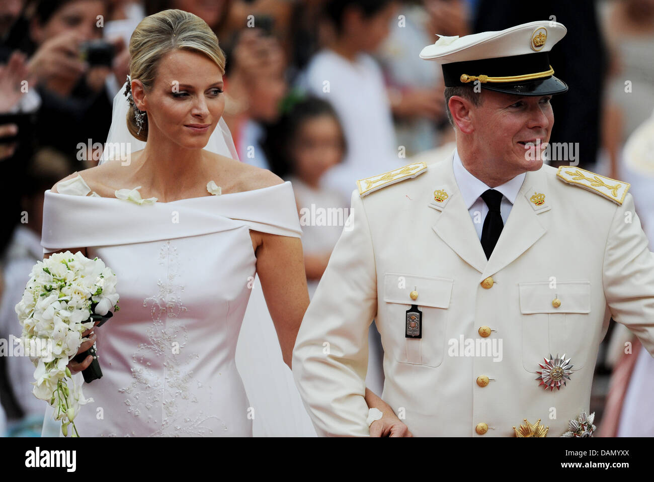 Prince Albert II of Monaco and his bride Princess Charlene after their religious wedding in Monaco, 02 July 2011. Some 3500 guests are expected to follow the ceremony. Photo: Frank May dpa Stock Photo