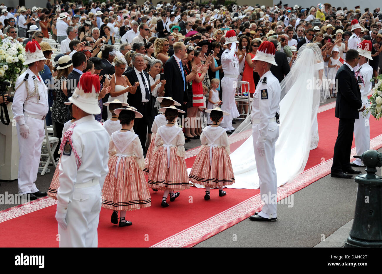The bride Princess Charlene arrives for the religious wedding of Prince Albert II and Princess Charlene in the Prince's Palace in Monaco, 02 July 2011. Some 3500 guests are expected to follow the ceremony in the Main Courtyard of the Palace. Photo: Frank May dpa Stock Photo