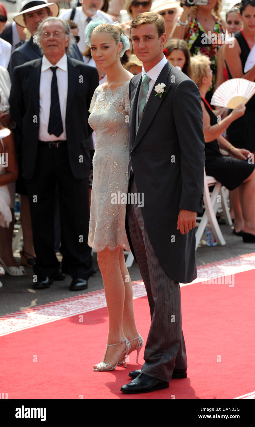 Pierre Casiraghi and his girlfriend Beatrice Borromeo arrive for the religious wedding of Prince Albert II and Charlene Wittstock in the Prince's Palace in Monaco, 02 July 2011. Some 3500 guests are expected to follow the ceremony in the Main Courtyard of the Palace. Photo: Frank May dpa Stock Photo