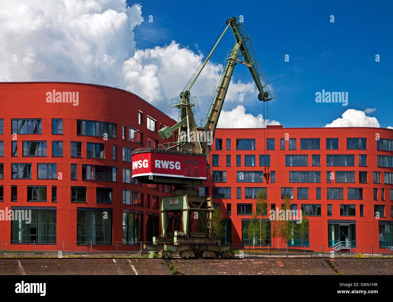 Landesarchiv NRW with crane in the inner harbour, Germany, North Rhine-Westphalia, Ruhr Area, Duisburg Stock Photo