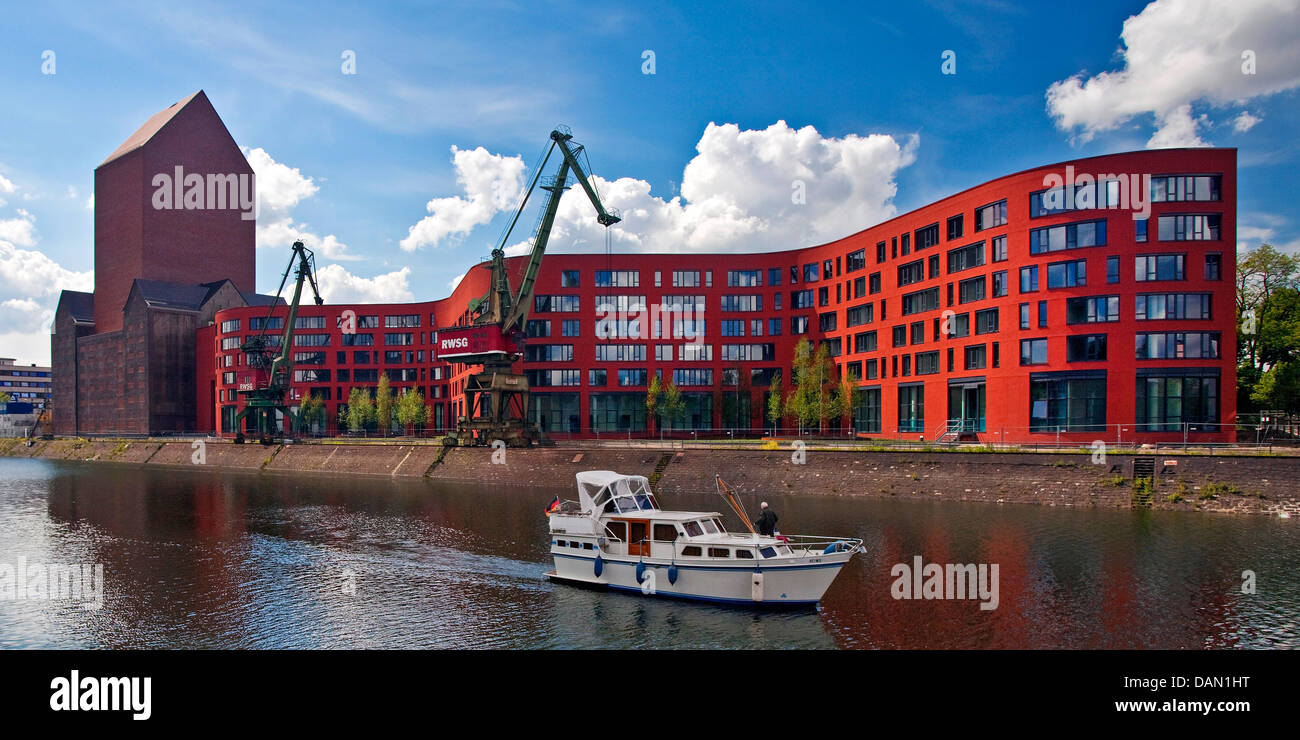 Landesarchiv NRW with two cranes in the inner harbour, Germany, North Rhine-Westphalia, Ruhr Area, Duisburg Stock Photo