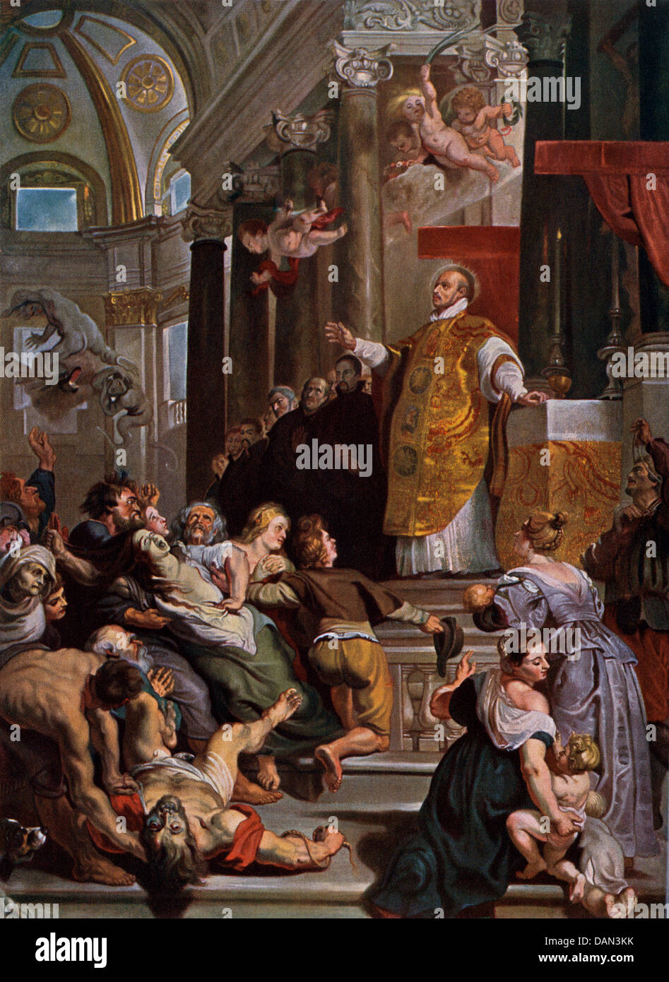 Ignatius of Loyola casting out evil spirits. Color halftone reproduction of a painting by Rubens Stock Photo