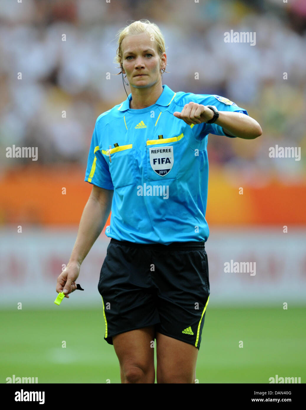 German referee Bibiana Steinhaus in action during the Group D match  Equatorial Guinea against Brazil of FIFA Women's World Cup soccer  tournament at the FIFA Women's World Cup Stadium in Frankfurt, Germany,