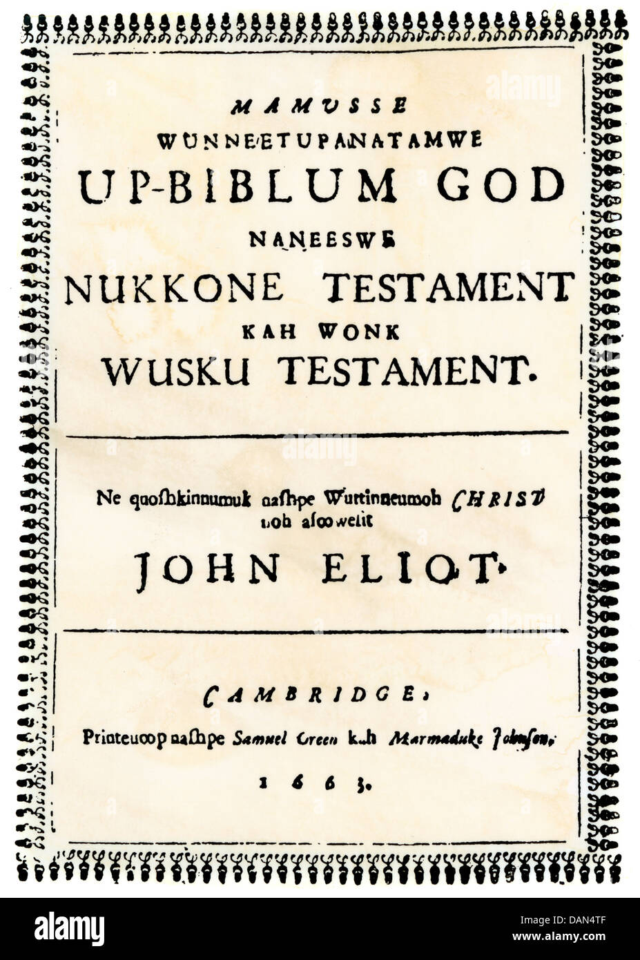 Title page of John Eliot's Indian Bible, 1663. Woodcut with a watercolor wash Stock Photo