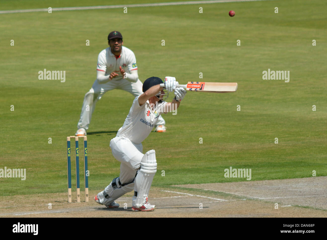 Manchester, UK. 16th July, 2013. Mark Wallace (Glamorgan) edges the ball over the slip fielder on the second day of the 4 day match against Lancashire. Lancashire v Glamorgan Emirates Old Trafford, Manchester, UK 16 July 2013 Credit:  John Fryer/Alamy Live News Stock Photo