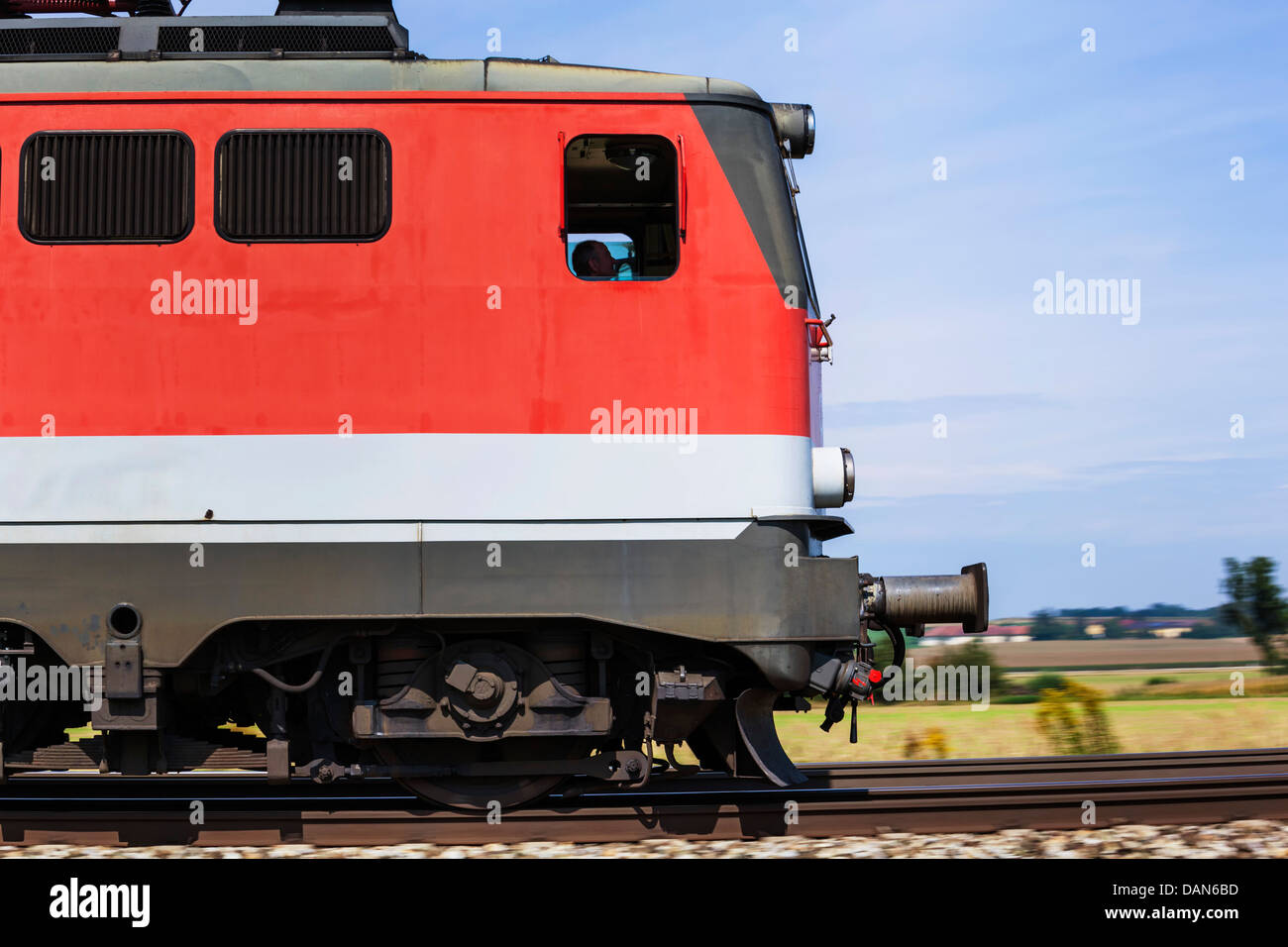 Austria, Freight train engine on rails, close up Stock Photo