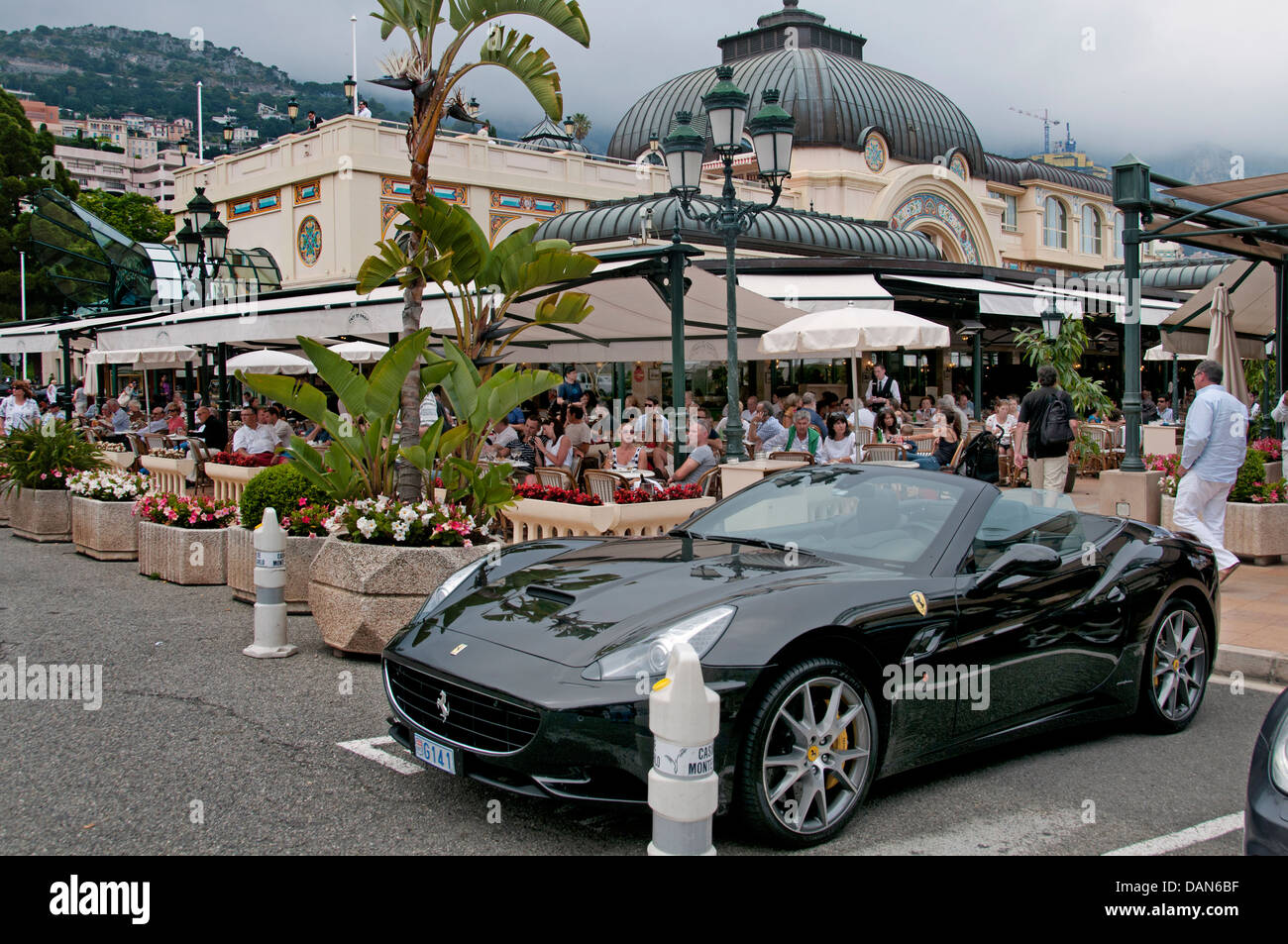 Ferrari in front of  Cafe de Paris Place du Casino Monte Carlo Principality of Monaco French Riviera Cote D'Azur Stock Photo