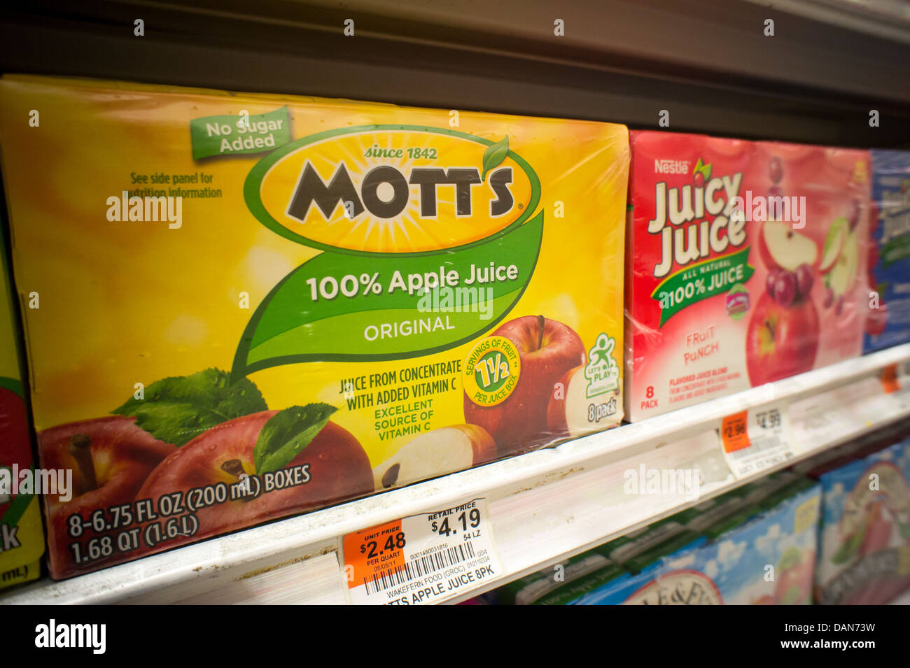 Containers of Mott's apple juice are seen in a supermarket in New York